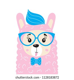 Cute funny Lama with glasses shows language. For printing on clothes. Hand-drawn.