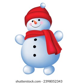 Cute funny laughing snowman with wool hat and scarf isolated on transparent background. Vector illustration.