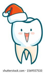 Cute and funny laughing tooth character wearing Santa's hat for christmas