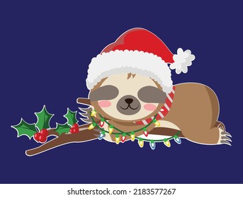 Cute funny lazy sloth, lying in Christmas hat. Greeting card