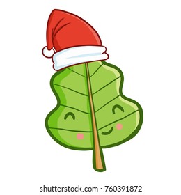 Cute and funny leaf wearing Santa's hat for Christmas and smiling - vector.
