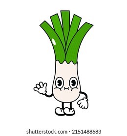 Cute funny leek waving hand character.Vector hand drawn traditional cartoon vintage,retro, kawaii character illustration icon. Isolated white background. Leek emoji,child,adorable,kids,cartoon,doodle