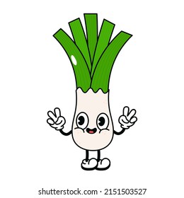 Cute funny leek waving hand character. Vector hand drawn traditional cartoon vintage, retro, kawaii character illustration icon. Isolated white background. Happy leek character concept