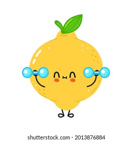 Cute funny lemon character with dumbbells. Vector hand drawn cartoon kawaii character illustration icon. Isolated on white background. Lemon character gym concept