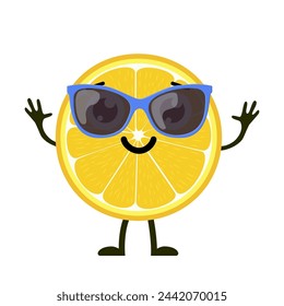 Süße und lustige Zitronenfigur mit Sonnenbrille. Buntes Sommerdesign. Vektor-Illustration im flachen Stil