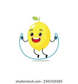 Cute and funny lemon doing jumping rope. fruit doing fitness or sports exercises. Happy character working out vector illustration.