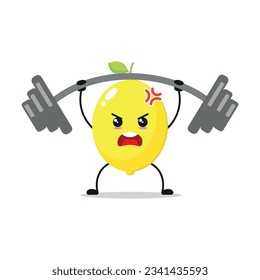 Cute and funny lemon doing weightlifting. fruit doing fitness or sports exercises. Happy character working out vector illustration.
