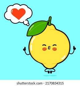 Un limón gracioso que hace yoga con burbuja de habla. Caricatura dibujada a mano del vector icono de ilustración del personaje kawaii. Aislado sobre fondo azul. Concepto del personaje del limón feliz en el amor