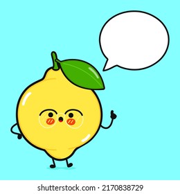 Cute funny lemon doing yoga with speech bubble. Vector hand drawn cartoon kawaii character illustration icon. Isolated on blue background. Happy lemon character concept