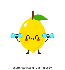 Lindo divertida fruta de limón está haciendo gimnasio con mancuernas