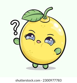 Cute funny lemon fruit and question mark. Vector hand drawn cartoon kawaii character illustration icon. Isolated on green background. Lemon character concept