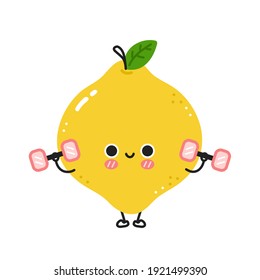 Cute funny lemon make gym with dumbbells. Vector flat line cartoon kawaii character illustration icon. Isolated on white background. Lemon workout character concept