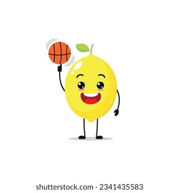 Cute and funny lemon play basketball. fruit doing fitness or sports exercises. Happy character working out vector illustration.