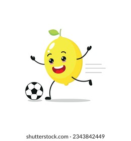 Cute and funny lemon play football. food doing fitness or sports exercises. Happy character soccer working out vector illustration.
