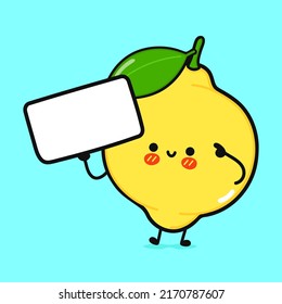Cute funny lemon with poster. Vector hand drawn cartoon kawaii character illustration icon. Isolated on blue background. Happy lemon think concept