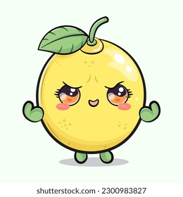 Cute funny lemon strong. Vector hand drawn cartoon kawaii character illustration icon. Isolated on green background. Lemon shows muscles character concept