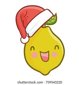 Cute and funny lemon wearing Santa's hat for Christmas and smiling - vector.