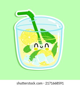 Cute funny lemonade sticker character. Vector hand drawn cartoon kawaii character illustration icon. Isolated on green background. Happy lemonade character concept