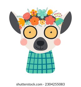 Cute funny lemur in floral wreath, t-shirt. Hand drawn cartoon character illustration. Scandinavian style flat design, isolated vector. Kids print element, flower crown, summer blooms, blossoms