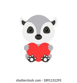 Cute funny lemur with heart on white background. Cartoon animal character for congratulation with St. Valentine day, greeting card, invitation, wall decor, sticker. Colorful vector stock illustration.