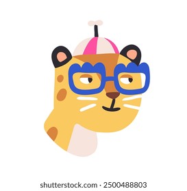 Cute funny leopard character in glasses and hat. Happy humorous head avatar in comic style. Humor portrait, wild animal. Modern kids flat graphic vector illustration isolated on white background