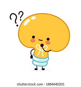 Cute funny light bulb, lamp character with question marks. Vector flat line cartoon kawaii character illustration icon. Isolated on white background. Lightbulb with face character mascot concept