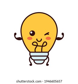 Cute funny light bulb, lamp character. Vector flat line cartoon kawaii character illustration icon.