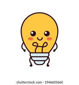 Bombilla de luz divertida, personaje de lámpara. Dibujo de línea plana vectorial kawaii icono de ilustración de personaje.