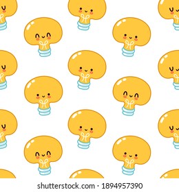 Bombilla de luz divertida y suave patrón. Dibujo de dibujos animados planos kawaii diseño de iconos de ilustración. Carácter de la cara de la bombilla de luz concepto de patrón transparente. Aislado sobre fondo blanco