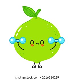 Cute funny lime  character with dumbbells. Vector hand drawn cartoon kawaii character illustration icon. Isolated on white background. Lime character gym concept