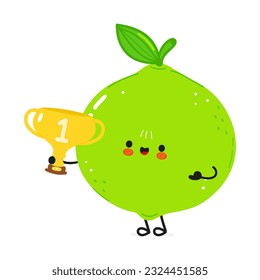 Cute funny Lime hold gold trophy cup. Vector hand drawn cartoon kawaii character illustration icon. Isolated white background. Happy Lime with winner trophy cup