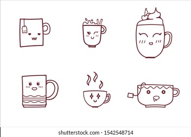 Cute and funny linear retro cup emoticons for greeting cards and typography. hand-drawn vector illustration
