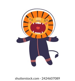 Cute funny lion astronaut in space suit cartoon character illustration. Hand drawn animal, Scandinavian style flat design, isolated vector. Kids print element, space adventure, travel, science