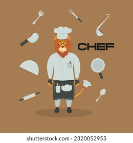 Cute funny lion cartoon chef mascot. Lion animal hand drawn vector 