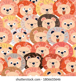 Cute funny lion or cat face seamless pattern cartoon for textile prints surface or background