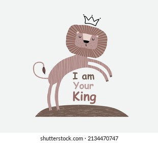 a cute funny lion in a crown. Isolated objects on white background. Scandinavian style flat design. Concept for children print.