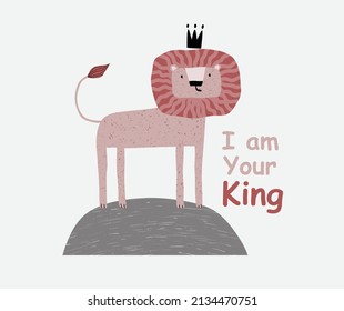 a cute funny lion in a crown. Isolated objects on white background. Scandinavian style flat design. Concept for children print.