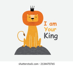 a cute funny lion in a crown. Isolated objects on white background. Scandinavian style flat design. Concept for children print.