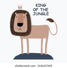 a cute funny lion in a crown. Isolated objects on white background. Scandinavian style flat design. Concept for children print.