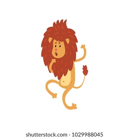 Cute funny lion cub cartoon character walking on two legs vector Illustration on a white background