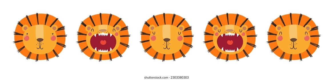 Cute funny lion faces illustrations set. Hand drawn cartoon character. Scandinavian style flat design, isolated vector. Kids print element, poster, card, wildlife, nature, baby animals