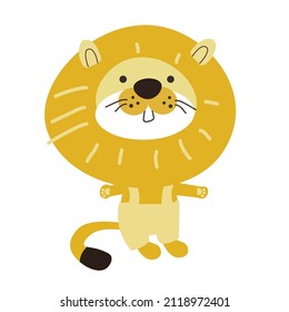 Cute funny lion in Scandinavian style. Wildlife animal cartoon illustration.  Isolated vector character for print. 