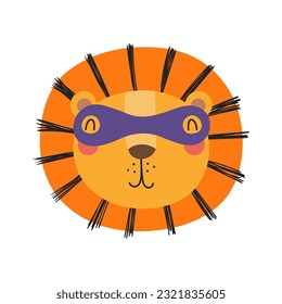 Cute funny lion superhero face in mask cartoon character illustration. Hand drawn Scandinavian style flat design, isolated vector. Kids print element, cool, brave animal, comic book super hero