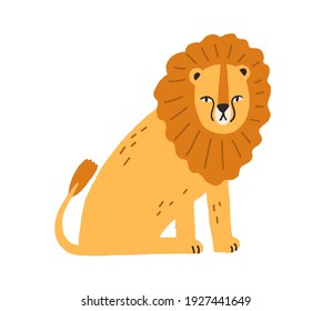 Cute funny lion with thick mane isolated on white background. Adorable baby animal. Childish character in Scandinavian style. Colored flat cartoon vector illustration