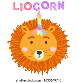 cute funny lion with a unicorn horn. Scandinavian style flat design. Concept for children print.