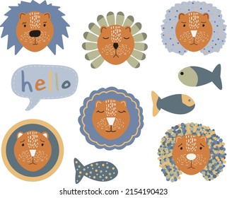Cute funny lions vector illustration. Perfect for nursery poster, kids wear, children print.