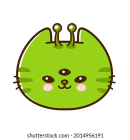 Cute funny little alien baby cat face. Vector hand drawn cartoon kawaii character illustration logo icon. Isolated on white background. Pet, ufo kitty, alien cat icon concept