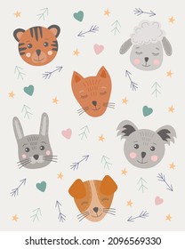 Cute funny little animals faces in Scandinavian style. Kids color zoo elements set. Hand drawn childish cartoon poster with faces of animals: tiger, sheep, koala, dog, hare, fox.