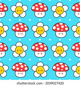 Cute funny little baby amanita mushroom and flower seamless pattern. Vector hand drawn cartoon kawaii character illustration icon. Chamomile flower, amanita mushroom seamless pattern cartoon concept