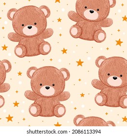 Cute funny little baby bear toy seamless pattern. Vector cartoon kawaii hand drawn pencil style character illustration. Funny happy teddy bear,kids,baby,childish character seamless pattern concept